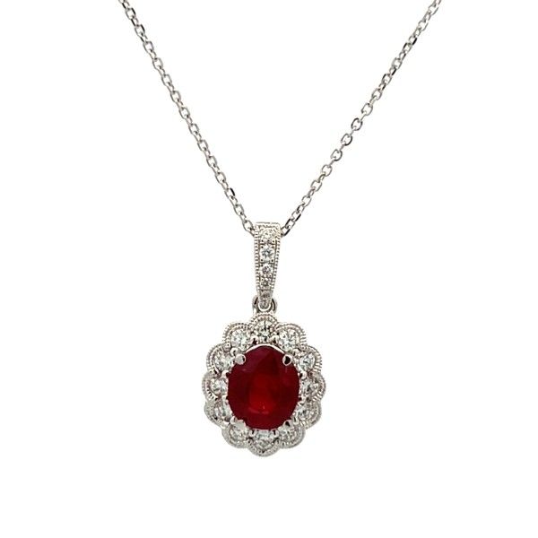 18 Karat White Gold Ruby Diamond Oval Pendant Dickinson Jewelers Dunkirk, MD