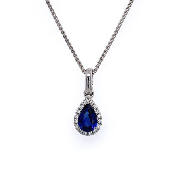 14k White Gold Sapphire Halo Pendant Dickinson Jewelers Dunkirk, MD