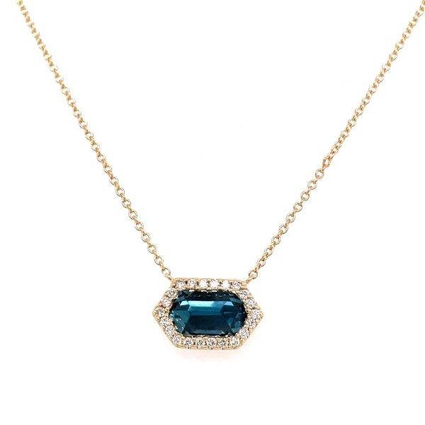 14k Yellow Gold London Blue Topaz Halo Necklace Dickinson Jewelers Dunkirk, MD