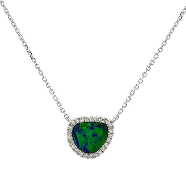 14k White Gold Australian Opal Halo Necklace Dickinson Jewelers Dunkirk, MD