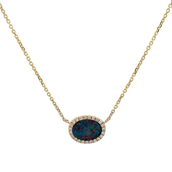 14k Yellow Gold Australian Opal Halo Necklace Dickinson Jewelers Dunkirk, MD