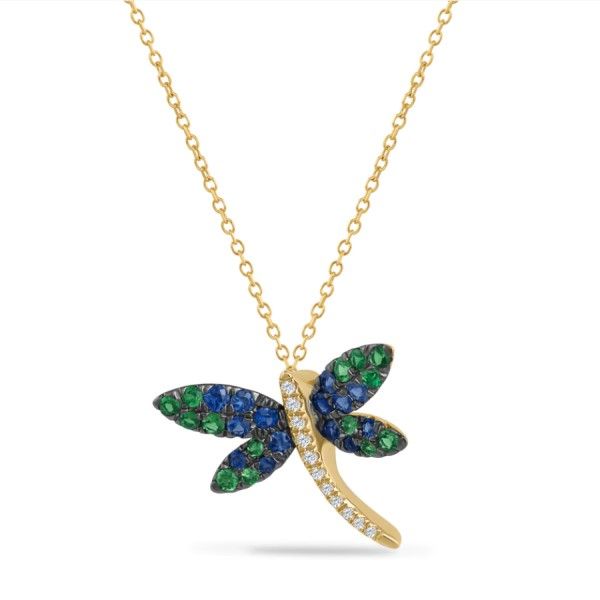 14k Yellow Gold Sapphire and Green Garnet Dragonfly Necklace Dickinson Jewelers Dunkirk, MD