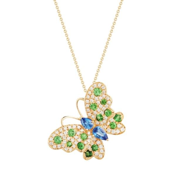 14k Yellow Gold Sapphire and Green Garnet Butterfly Necklace Dickinson Jewelers Dunkirk, MD