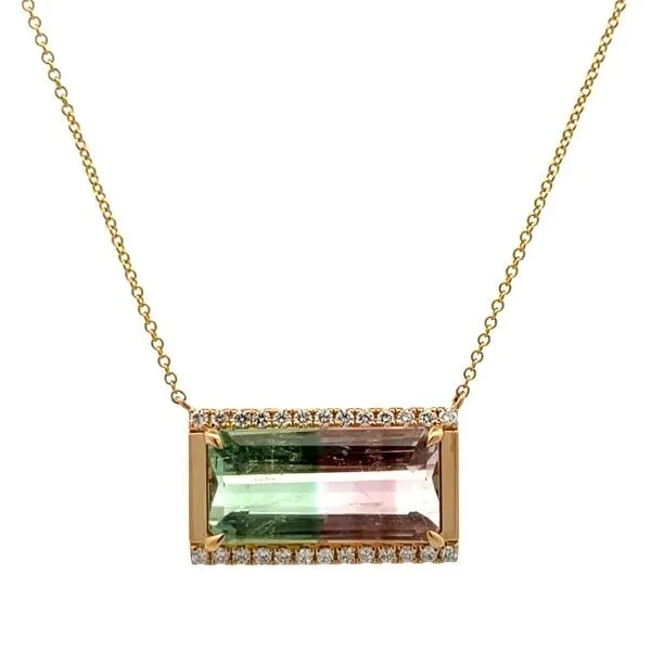18 Karat Yellow Gold Bi-Color Tourmaline Halo Necklace Dickinson Jewelers Dunkirk, MD