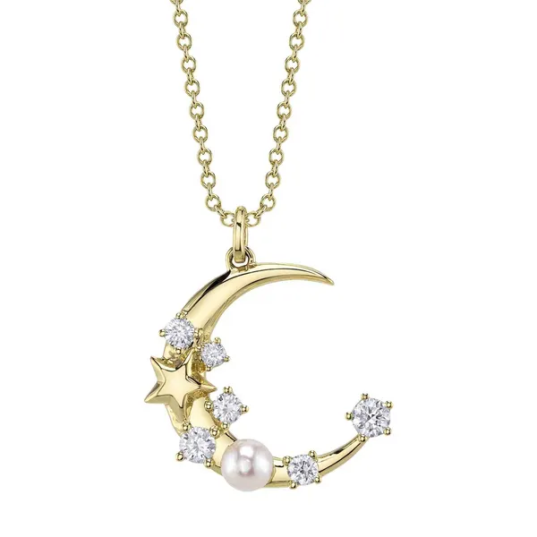 14Kt Yellow Diamond and Cultured Pearl Crescent Moon and Star Pendant Dickinson Jewelers Dunkirk, MD