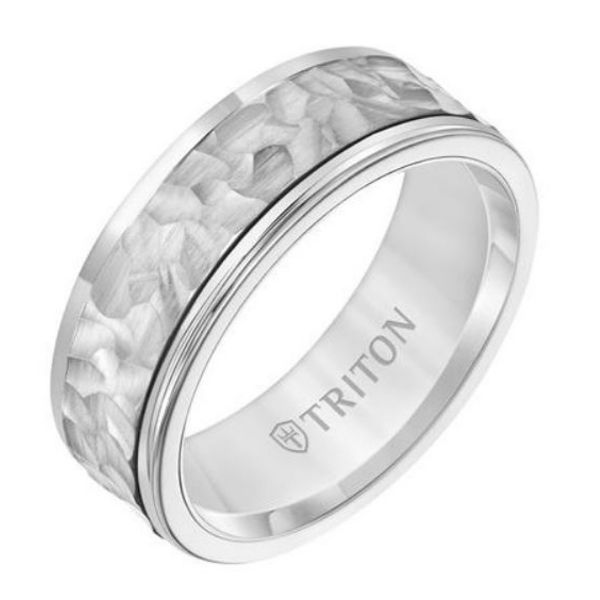 Hammered 14k White Gold And Round Edge White Tungsten Carbide Band Dickinson Jewelers Dunkirk, MD