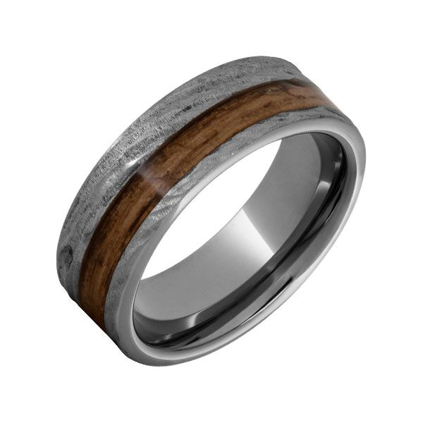 Tungsten™ Flat Band with Off-Center Bourbon Barrel Aged™ Inlay and Bark Finish Dickinson Jewelers Dunkirk, MD