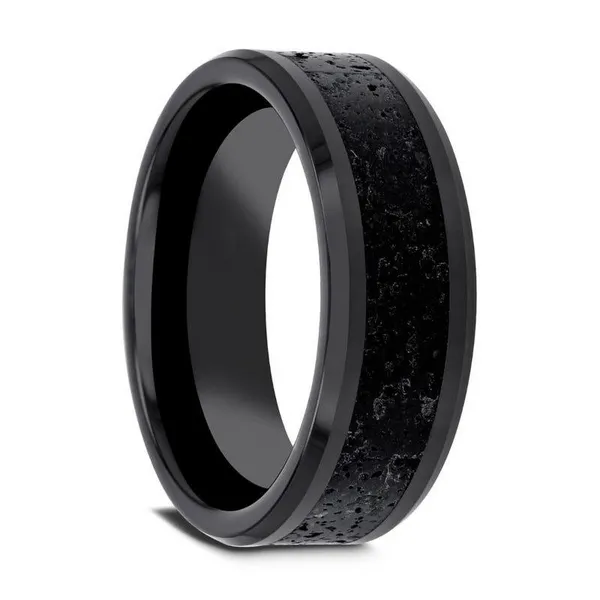 Polished Black Ceramic Wedding Band with Lava Rock Stone Inlay Dickinson Jewelers Dunkirk, MD