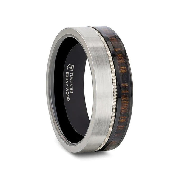 Tungsten & Black Ceramic Men's Wedding Band with Guitar String Ebony Wood Dickinson Jewelers Dunkirk, MD