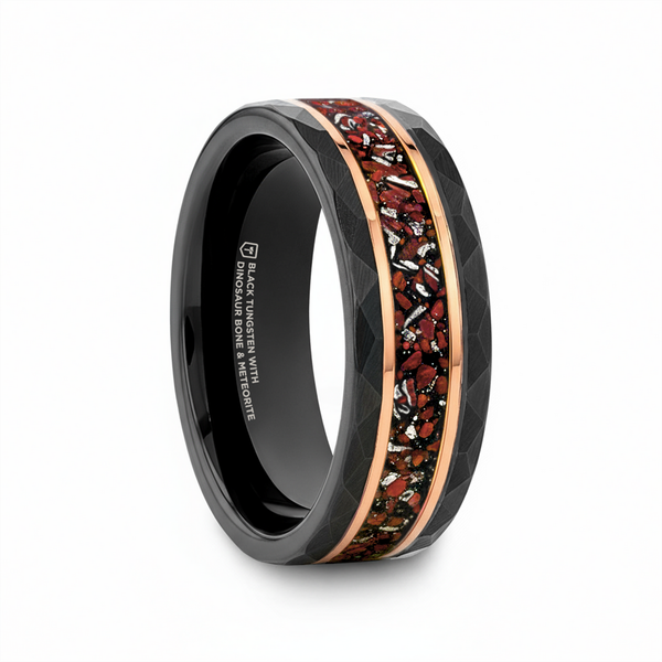 Black/Rose Hammered Tungsten Carbide Men's Wedding Band with Dinosaur Bones Dickinson Jewelers Dunkirk, MD