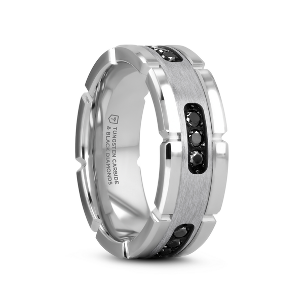 Grooved Tungsten Men's Wedding Band with Silver Inlay & Black Diamonds Dickinson Jewelers Dunkirk, MD