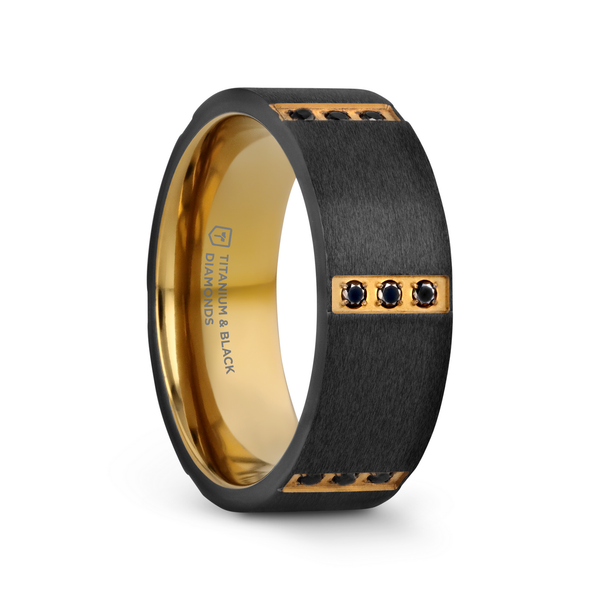 Flat Brushed Black Titanium Men's Wedding Band with Gold Plated Inside Dickinson Jewelers Dunkirk, MD