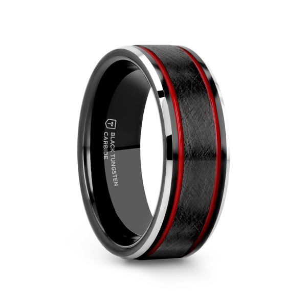 Wire Finish Black Tungsten Men's Wedding Band with Red Stripe Dickinson Jewelers Dunkirk, MD