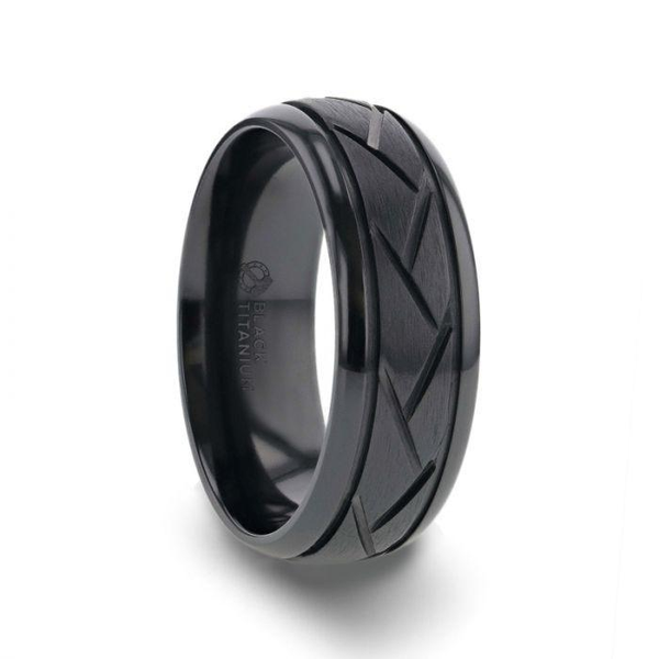 Black Titanium Men's Wedding Ring with Cuts Pattern Dickinson Jewelers Dunkirk, MD