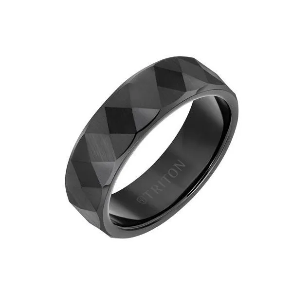Faceted Diamond Pattern And Flat Edge Tungsten Carbide Band Dickinson Jewelers Dunkirk, MD