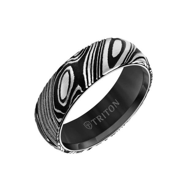 Black Tungsten Carbide with Damascus Steel Band Dickinson Jewelers Dunkirk, MD