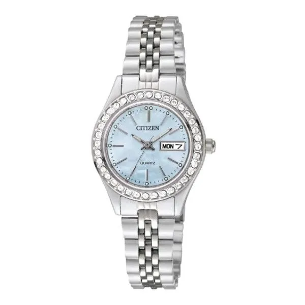 Women's Citizen Eco-Drive Blue MOP Dial with Crystals Silver Tone Band Watch Dickinson Jewelers Dunkirk, MD