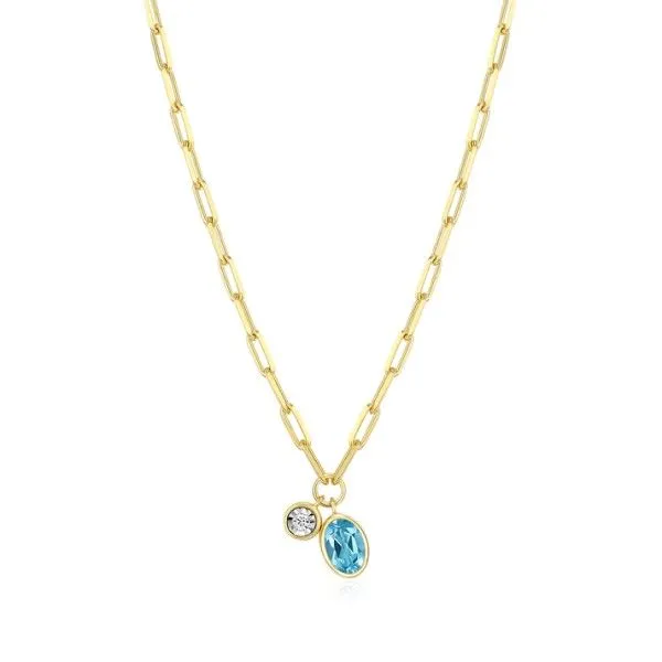 14Kt Gold Plated LAB DIAMOND and Genuine Blue Topaz Dangle Birthstone Necklace Dickinson Jewelers Dunkirk, MD