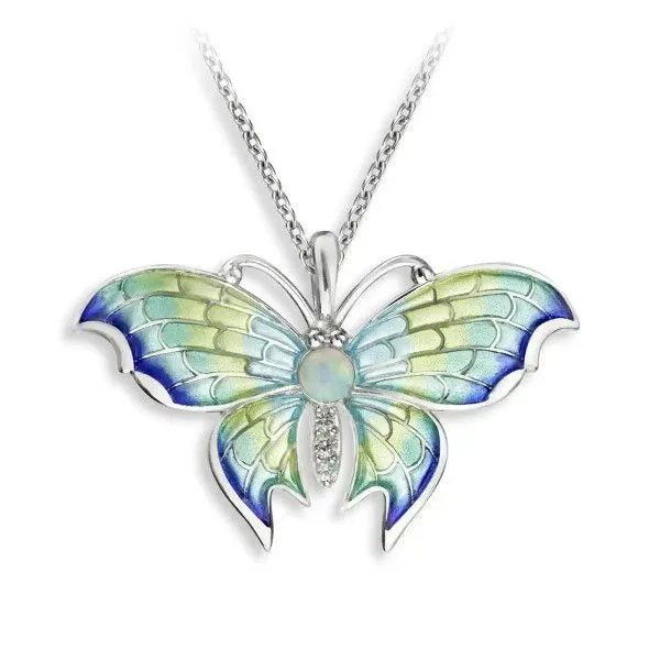 Sterling Silver Blue Plique-a-Jour Enamel Butterfly with Opal and White Sapphires Pendant Dickinson Jewelers Dunkirk, MD