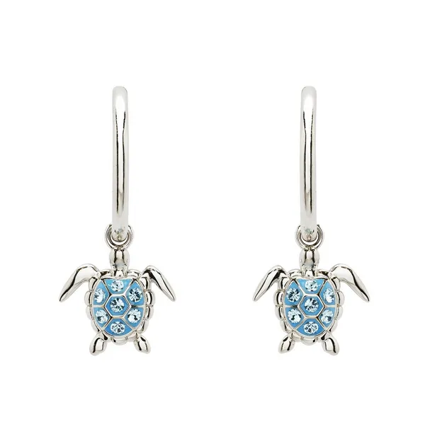 Sterling Silver Aqua Crystals Turtle Dangle Hoop Earrings Dickinson Jewelers Dunkirk, MD