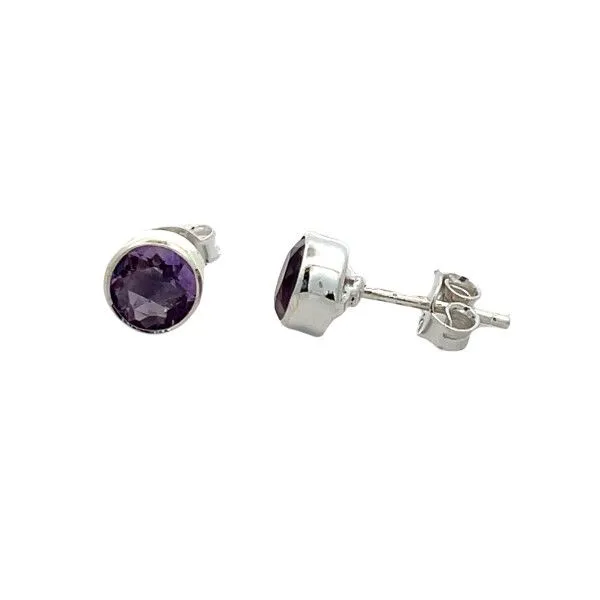 Sterling Silver Round Bezel Set Amethyst Stud Earrings Dickinson Jewelers Dunkirk, MD