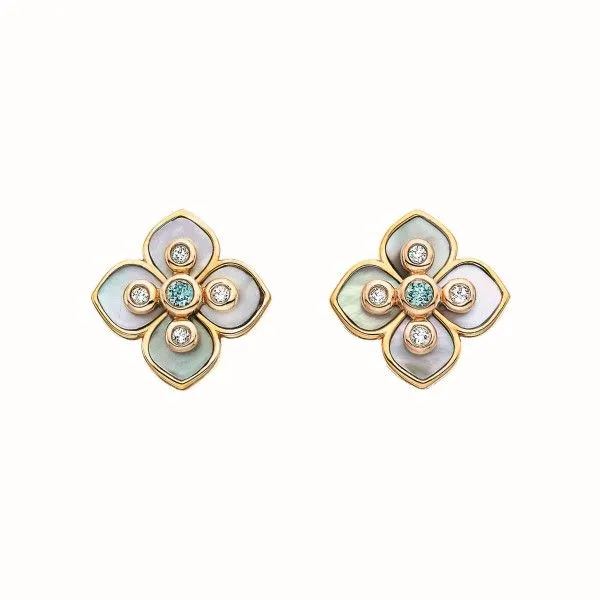 Yellow Gold Plated White Topaz and MOP Clover Post Earrings Dickinson Jewelers Dunkirk, MD