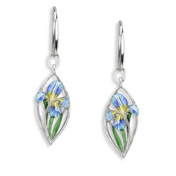 Sterling Silver Enamel Blue Iris Dangle Wire Earrings Dickinson Jewelers Dunkirk, MD