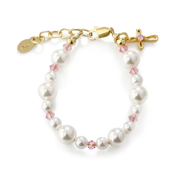 Child 14k Gold Plated Pink and White Simulated Pearl Cross Dangle Bracelet Dickinson Jewelers Dunkirk, MD