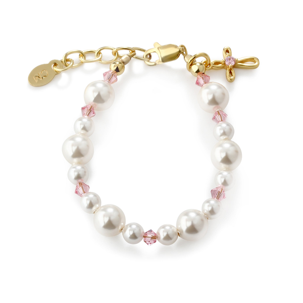 Child 14k Gold Plated Pink and White Simulated Pearl Cross Dangle Bracelet Dickinson Jewelers Dunkirk, MD