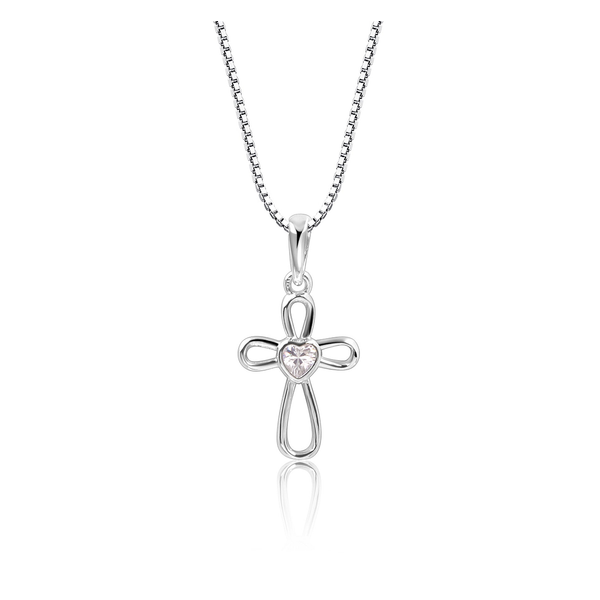 Child Sterling Silver Infinity Cross with CZ Heart Center Pendant on Chain Dickinson Jewelers Dunkirk, MD