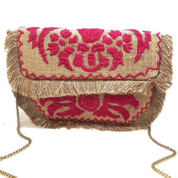 Handmade Fuchsia Embroidered Burlap Clutch Dickinson Jewelers Dunkirk, MD