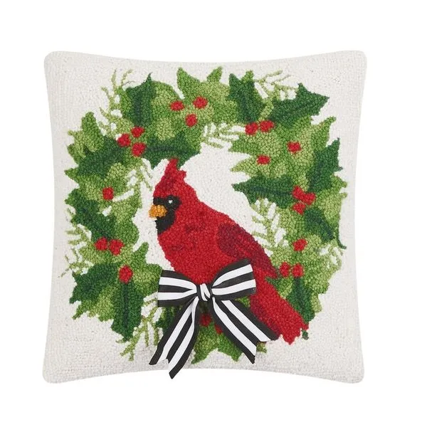 Cardinal with Ribbon Wool Hooked 14x14" Throw Pillow Dickinson Jewelers Dunkirk, MD