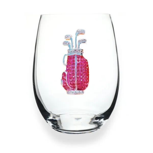 Pink Golf Bag Jeweled Stemless Wine Glass Dickinson Jewelers Dunkirk, MD