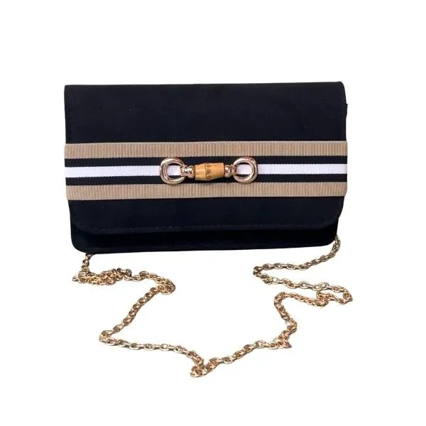 Black Suede Ruby Clutch with Tan Stripe and Bamboo Toggle with Chain Strap Dickinson Jewelers Dunkirk, MD
