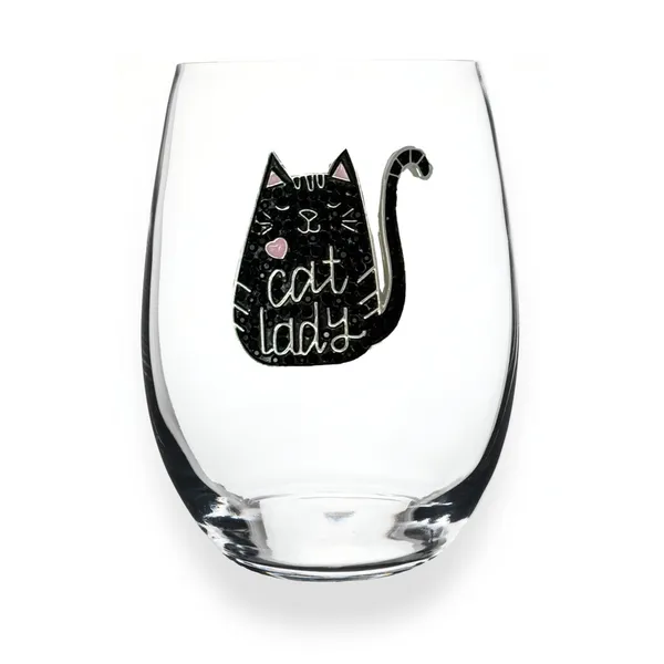 Boutique Gifts Cat Lady Jeweled Stemless Wine Glass Dickinson Jewelers Dunkirk, MD