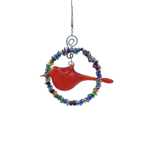 Handmade - Small Glass Beaded Circle with Handblown Glass Red Bird Suncatcher Dickinson Jewelers Dunkirk, MD