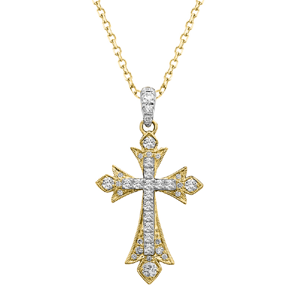 14K Yellow-White Gold Milgrain Diamond Cross Pendant Dickinson Jewelers Dunkirk, MD