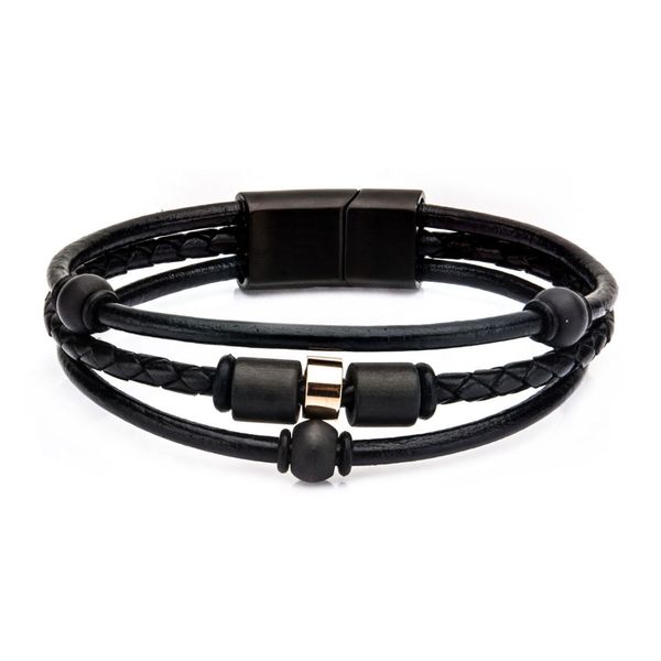 Men's Stainless Steel Carbon Graphite Beads And Black Leather Bracelet Dickinson Jewelers Dunkirk, MD