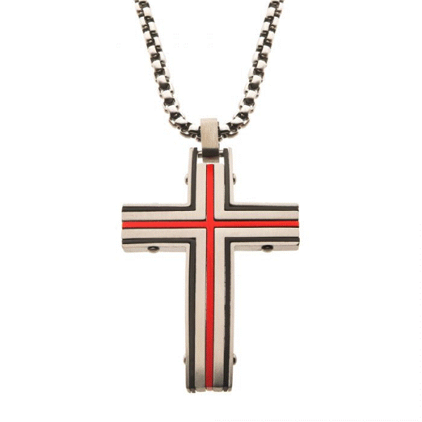 Men's Steel And Red Plated Dante Cross Pendant Dickinson Jewelers Dunkirk, MD