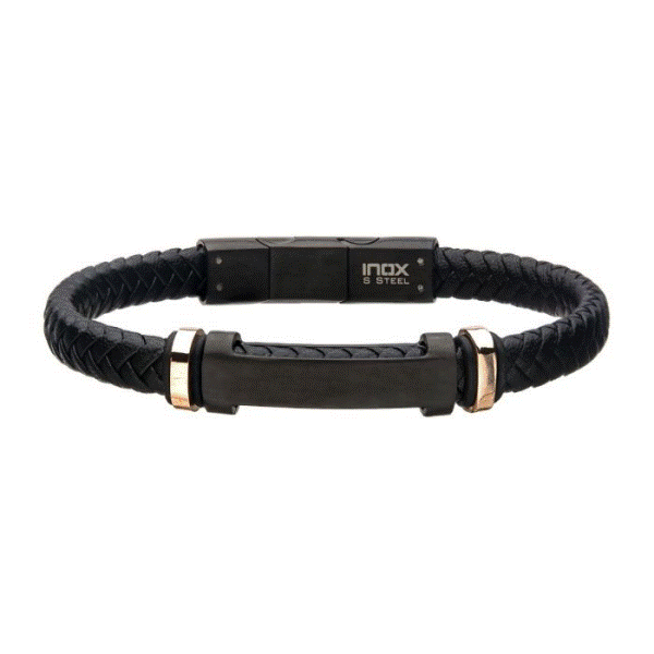 Men's Black Leather and Stainless Steel ID Bracelet Dickinson Jewelers Dunkirk, MD