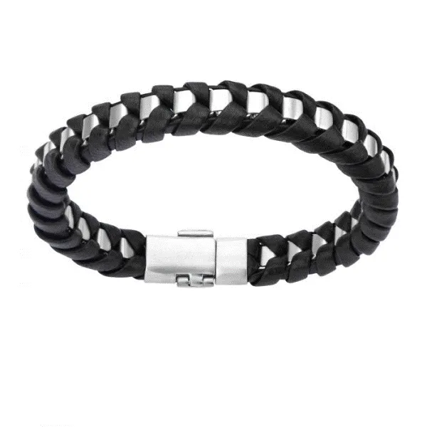 Men's Stainless Steel and Black Leather Bracelet Dickinson Jewelers Dunkirk, MD