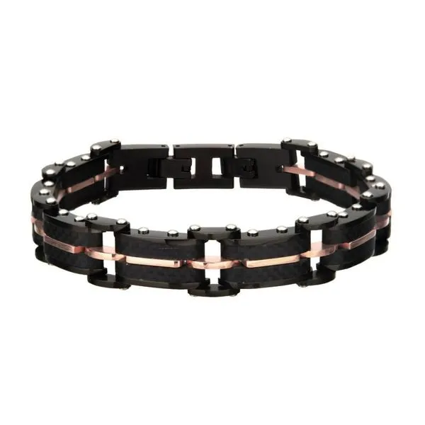Men's Matte Stainless Steel 8-8.5" Black Carbon Fiber and Rose Gold IP Link Bracelet Dickinson Jewelers Dunkirk, MD