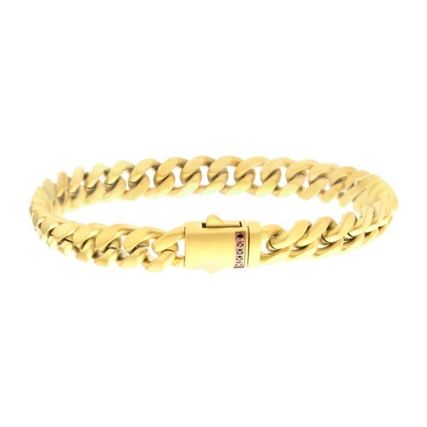Men's 18k Gold Plated Stainless Steel Black Sapphire Miami Cuban Chain Bracelet Dickinson Jewelers Dunkirk, MD
