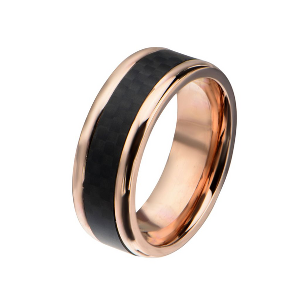 Mens Rose Gold IP Steel Carbon Fiber Ring Dickinson Jewelers Dunkirk, MD