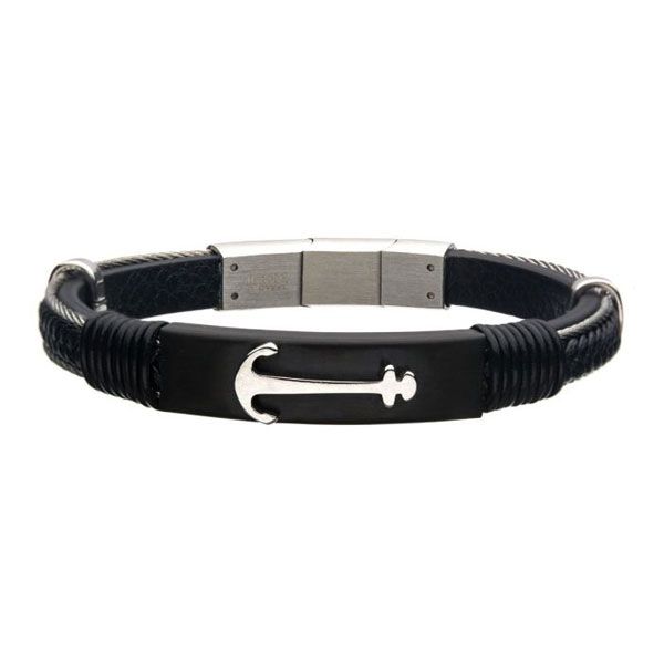 Men's Black Leather With Steel Anchor Bracelet Dickinson Jewelers Dunkirk, MD