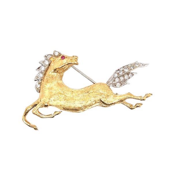 18k Yellow Gold Diamond and Ruby Horse Pin Dickinson Jewelers Dunkirk, MD