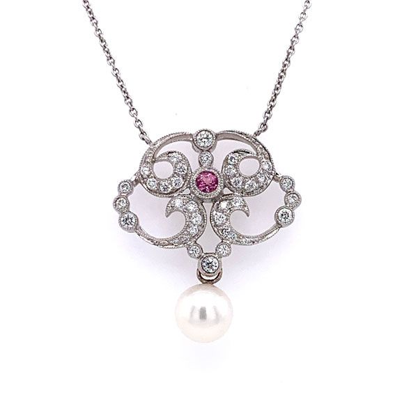 18k White Gold Diamond, Pink Tourmaline And Pearl Drop Necklace Dickinson Jewelers Dunkirk, MD