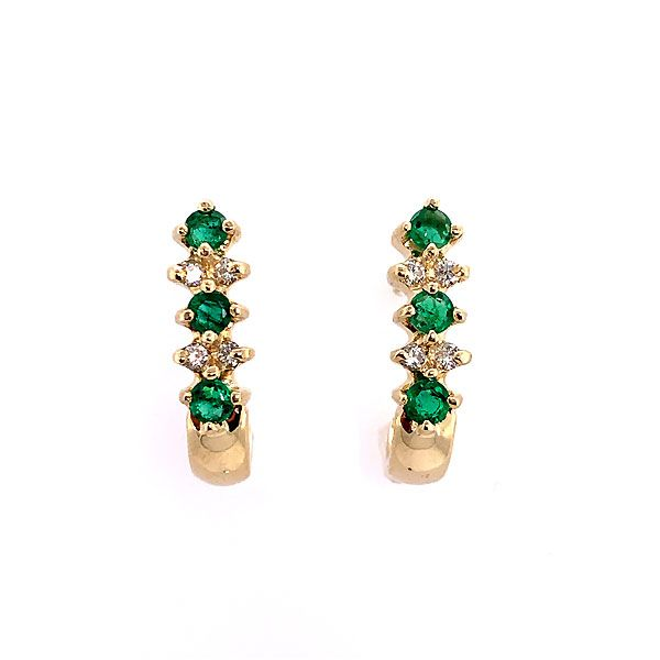 14k Yellow Gold Emerald And Diamond J-Hoop Earrings Dickinson Jewelers Dunkirk, MD