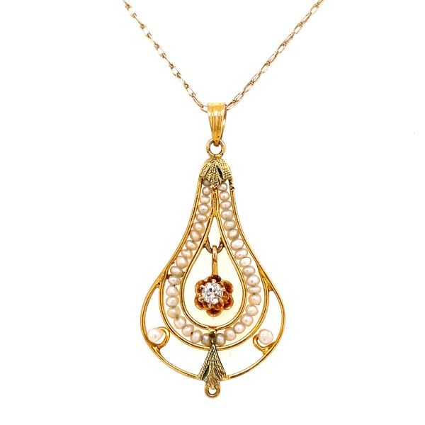 10k Yellow Gold Diamond and Seed Pearl Lavalier Pendant Dickinson Jewelers Dunkirk, MD