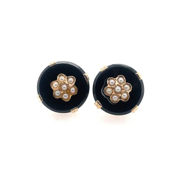 14k Yellow Gold Onyx and Seed Peal Earrings Dickinson Jewelers Dunkirk, MD